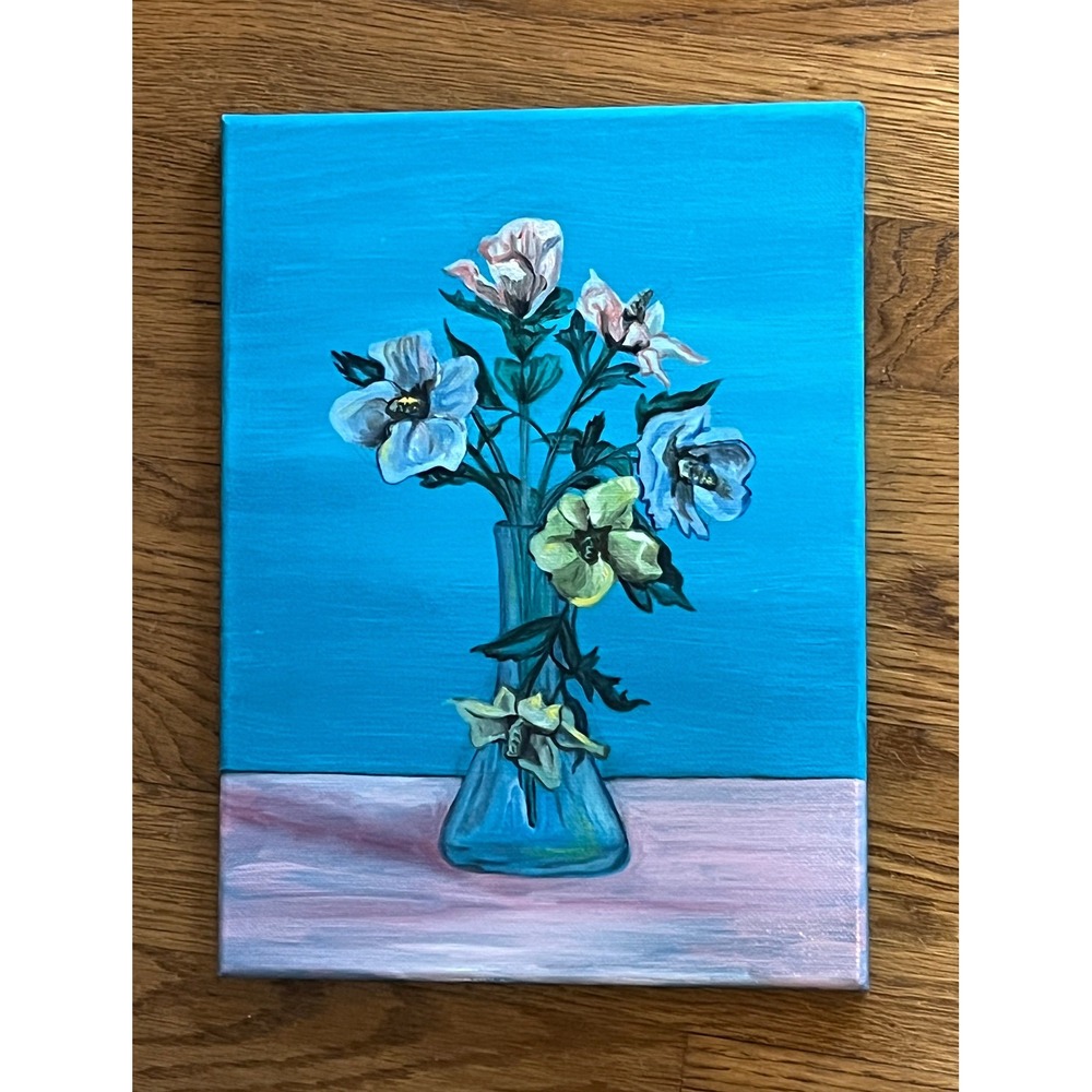 Flowers in a Vase - Oil on Canvas - Floral Painting Artwork Turquoise Pink
